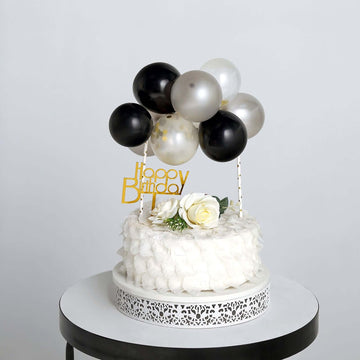 11 Pcs Balloon Cake Topper Black, Silver and Clear - Whimsical Clustered Mini Garland Cake Inserts DIY Party Decorations