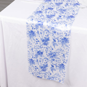 12"x108" White Blue Chinoiserie Floral Print Satin Table Runner