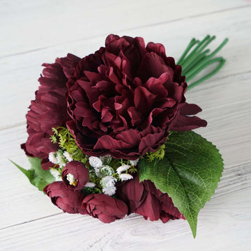 12" Burgundy Artificial Silk Peonies Bouquet, Faux Peony Spray Bush