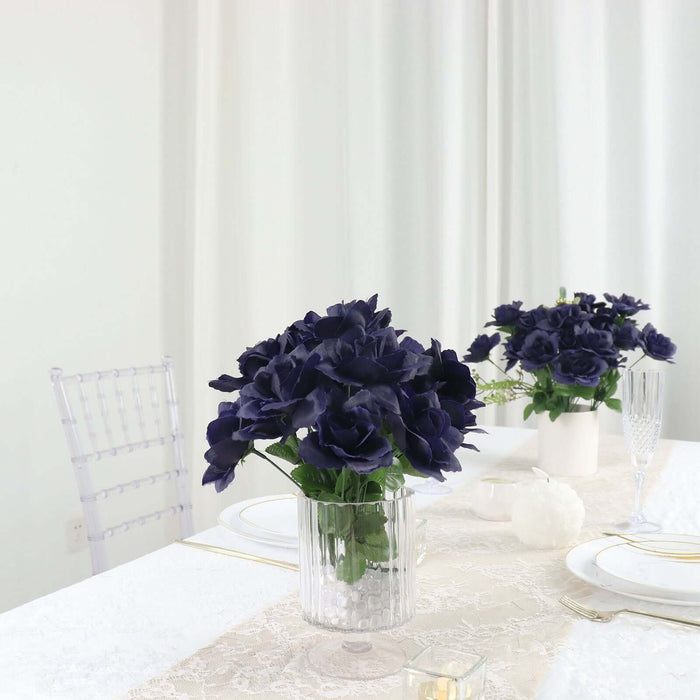 12 Bushes | Navy Blue Artificial Premium Silk Blossomed Rose Flowers | 84 Roses