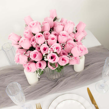 12 Bushes Pink Artificial Premium Silk Flower Rose Bud Bouquets