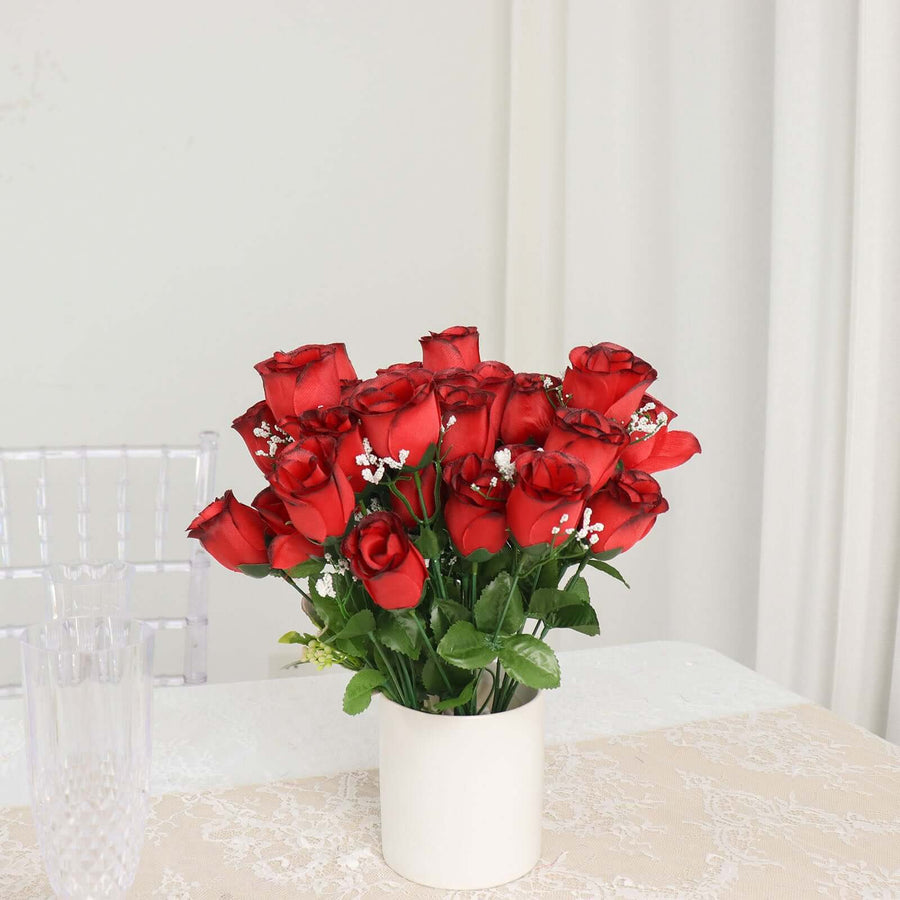 12 Bushes | Red, Black Artificial Premium Silk Flower Rose Bud Bouquets