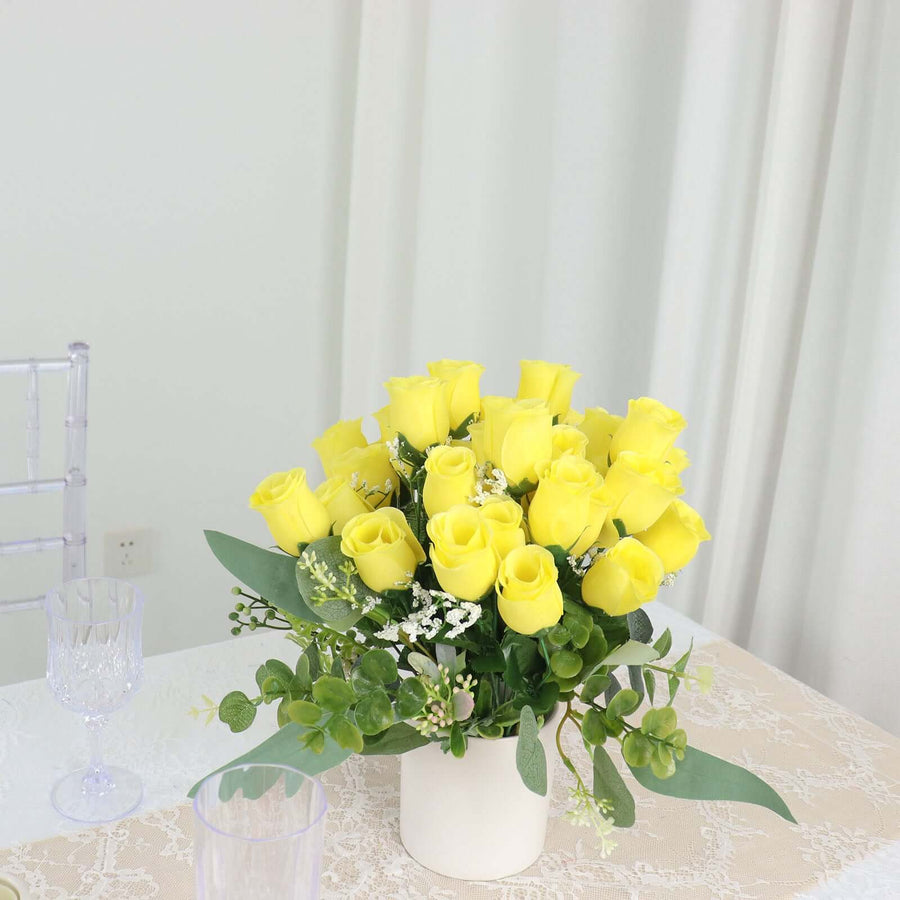 12 Bushes | Yellow Artificial Premium Silk Flower Rose Bud Bouquets