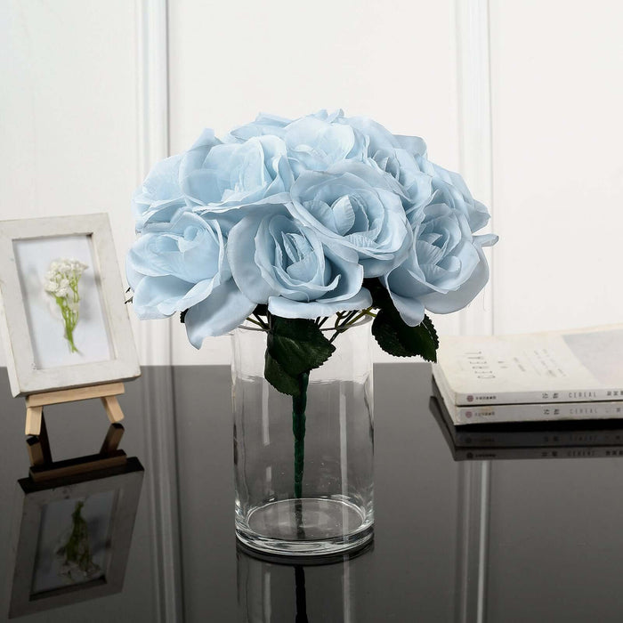 12inches Ice Blue Artificial Velvet-Like Fabric Rose Flower Bouquet Bush