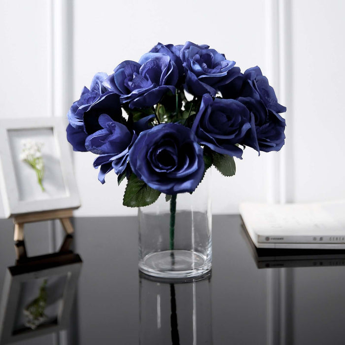 12inches Navy Blue Artificial Velvet-Like Fabric Rose Flower Bouquet Bush