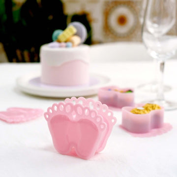 12-Pack Fillable Mini Candy Container in Baby Feet Style Clear/Pink - Unique Candy Treat Favor Boxes for Baby Shower 3.5"