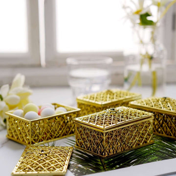 12-Pack Vintage Rectangular Candy Containers Gold - Decorative Hollow Favor Boxes for Jewelry 3"