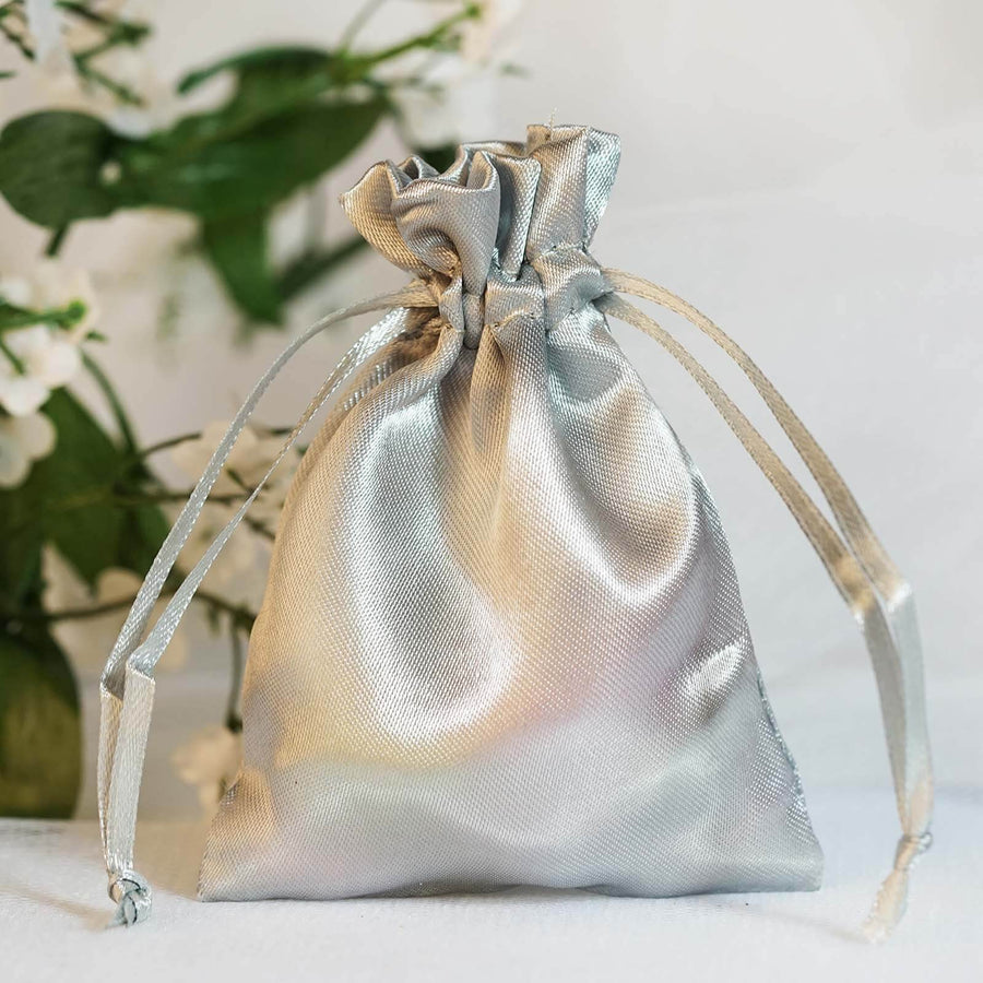 12 Pack | 3inches Silver Satin Drawstring Wedding Party Favor Gift Bags