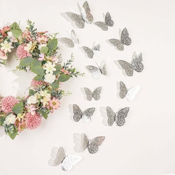 12-Pack 3D Butterfly Wall Decals, DIY Removable Mural Stickers Silver Cake Decorations Eye-Catching Design