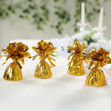 12 Pack 5" Metallic Gold Foil Tassel Top Party Balloon Weights, 5.5oz