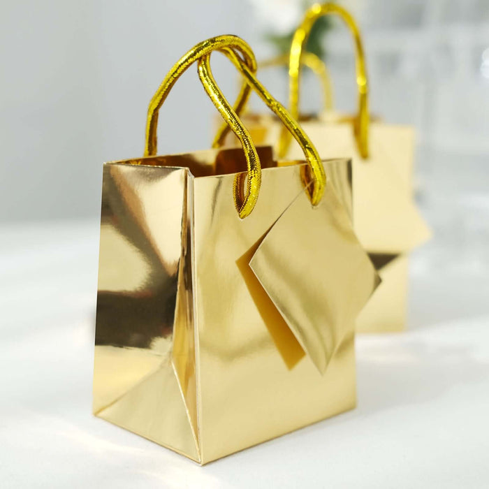 5inch Shiny Metallic Gold Foil Paper Party Favor Bags With Handles, Small Gift Wrap Goodie Bags