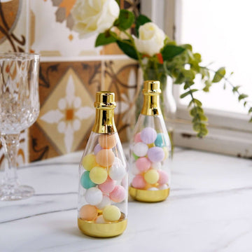 12-Pack Fillable Mini Champagne Bottle Candy Container Clear Gold - Unique Candy Treat Favor Containers 6"