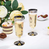 12 Pack | 6oz Chrome Silver Rim Clear Plastic Champagne Glasses, Disposable Trumpet Flutes