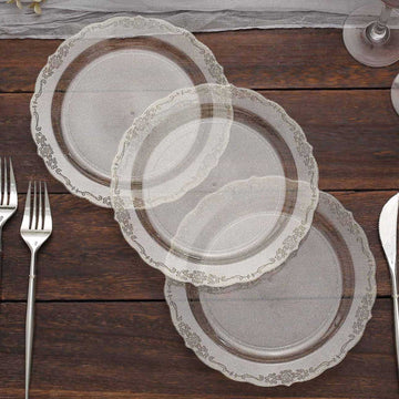 12-Pack Plastic 7" Round Salad Plates Clear with Gold Glitters & Floral Edge