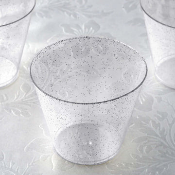 12-Pack Plastic Party Glasses Silver Glittered - Sparkly Disposable Cups for Events 9oz