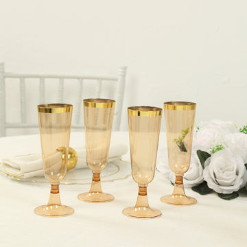 12-Pack Plastic Champagne Flutes Transparent Amber Gold with Gold Rim - Stylish Disposable Cocktail Glasses for Parties 5oz 6"