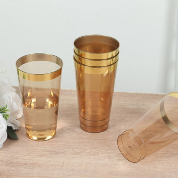 12-Pack Plastic Party Cups Transparent Amber Gold with Gold Rim - Durable Disposable Tumblers for Drinks 17oz 5.5"