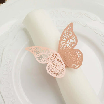 12-Pack Paper Napkin Rings Laser Cut Butterfly Blush Shimmery - Decorative Serviette Holders