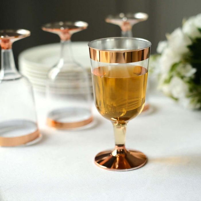 12 Pack | Clear 6oz Rose Gold Rim Plastic Wine Glasses Disposable Cups with Detachable Base