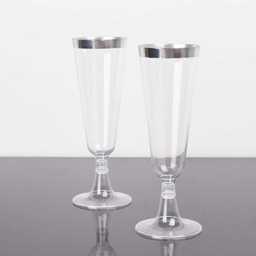 12-Pack Plastic Champagne Flutes Clear with Silver Rim - Stylish Disposable Cocktail Glasses for Parties 5oz 6"