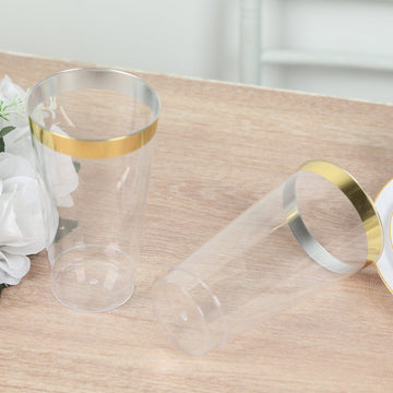 12-Pack Plastic Party Cups Clear with Gold Rim - Durable Disposable Tumblers for Drinks 17oz 5.5"