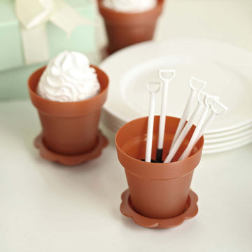 12-Pack Dessert Cups Succulent Planter Design Terracotta (Rust) - Plastic Serving Cups with Lids and Shovels 4"