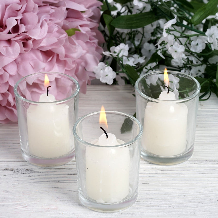 12 Pack | Ivory Votive Candle & Clear Glass Votive Holder Candle Set