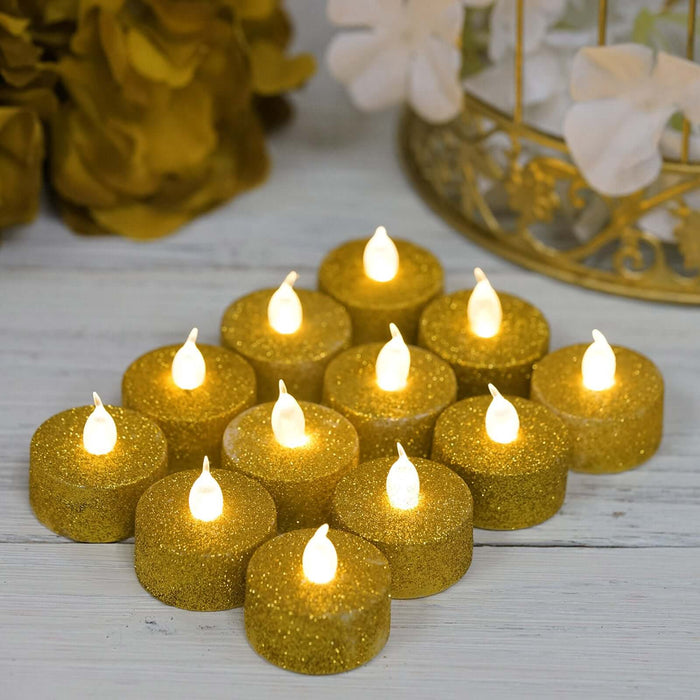 12 Pack | Gold Glitter Flameless LED Candles | Battery Operated Tea Light Candles