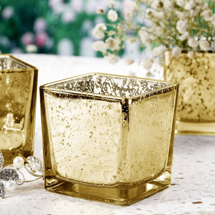 12 Pack | 2inch Square Gold Mercury Glass Candle Holders, Votive Glittered Tealight Holders