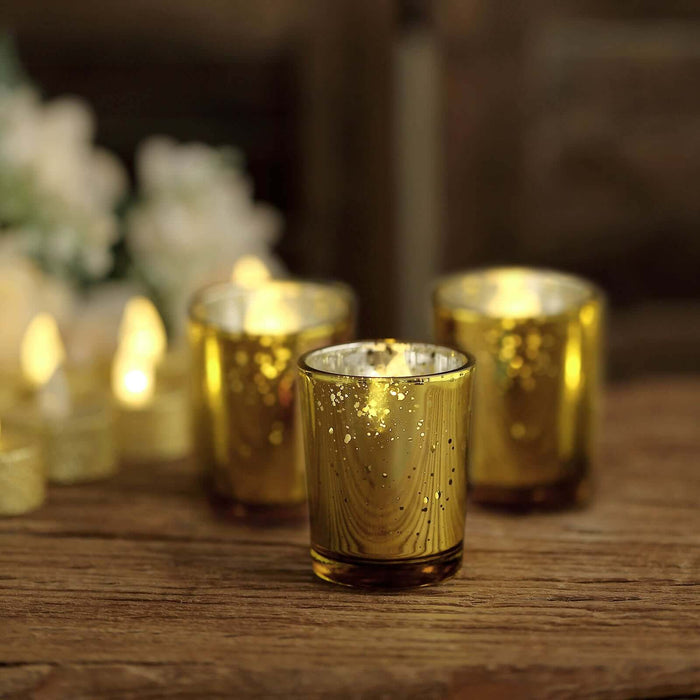 12 Pack | 2inch Gold Mercury Glass Candle Holders, Votive Tealight Holders - Speckled Design