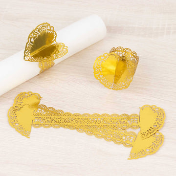 12 Pack Metallic Gold Foil Laser Cut Heart Paper Napkin Holders with Lace Pattern, Disposable Napkin Rings Bands