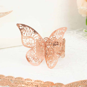 12-Pack Paper Napkin Rings Laser Cut Butterfly Metallic Rose Gold - Decorative Serviette Holders