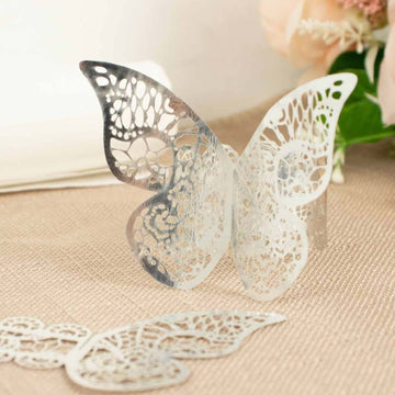 12-Pack Paper Napkin Rings Laser Cut Butterfly Metallic Silver - Decorative Serviette Holders