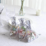 12 Pack Metallic Silver Polyester Drawstring Candy Bags, Wedding Party Favor Bags