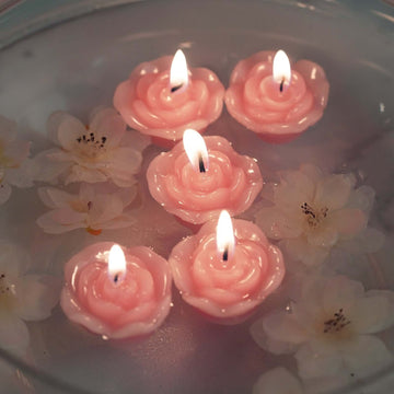 12-Pack Mini Floating Candles Rose Flower Design Pink - Wedding Vase Fillers for Decor 1"