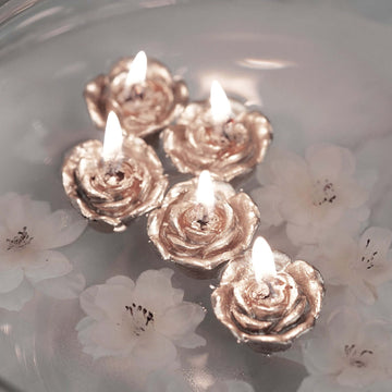 12-Pack Mini Floating Candles Rose Flower Design Rose Gold - Wedding Vase Fillers for Decor 1"