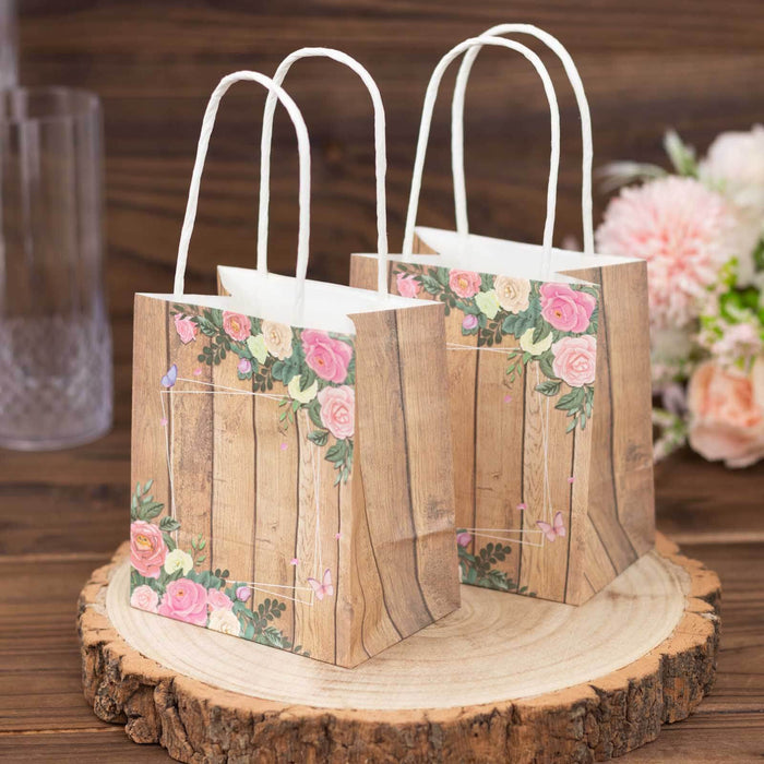 12 Pack Natural Wood Print Paper Party Favor Bags with Rose Floral Accent, Small Gift Goodie Bags