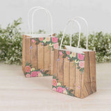 12 Pack Natural Wood Print Paper Party Favor Bags with Rose Floral Accent, Small Gift Goodie Bags