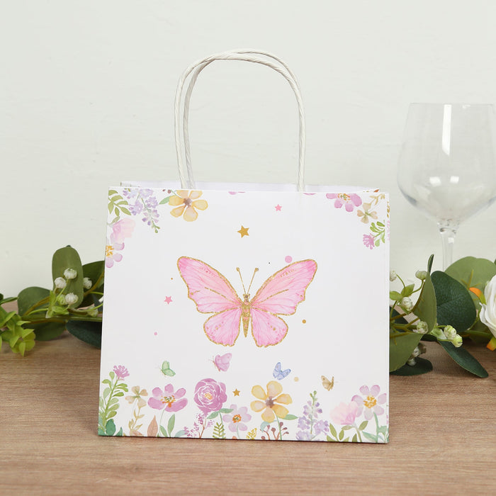 12 Pack Pink Glitter Butterfly Paper Favor Bags With Handles, Floral Print White Goodie Gift Bags