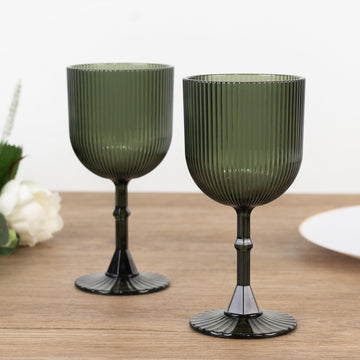 12-Pack Plastic Goblets Hunter Emerald Green Vintage Ribbed Pattern - Reusable Shatterproof Glassware 9oz