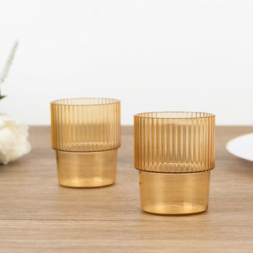 12-Pack Plastic Short Drinking Glasses Amber Gold Ribbed Pattern Stackable - Reusable Tumblers 7oz