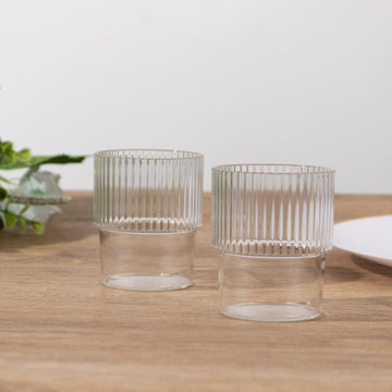 12-Pack Plastic Short Drinking Glasses Clear Ribbed Pattern Stackable - Reusable Tumblers 7oz