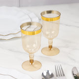 12 Pack Plastic Short Stem Wine Glasses Transparent Gold/Gold Rim - Stylish Disposable Drinkware 6oz