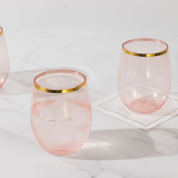 12-Pack Plastic Wine Tumblers Transparent Blush with Gold Rim - Reusable Drinkware 12oz