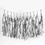 12 Pack | Pre-Tied Silver Paper Fringe Tassels With Garland String, Hanging Streamer Banner