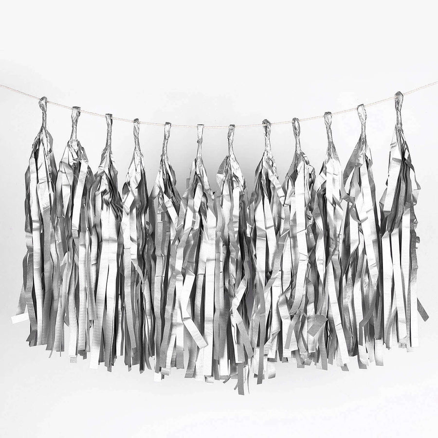 12 Pack | Pre-Tied Silver Paper Fringe Tassels With Garland String, Hanging Streamer Banner