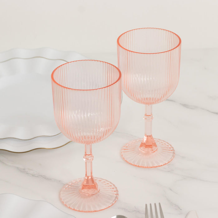12-Pack Plastic Goblets Transparent Blush Vintage Ribbed Pattern - Reusable Shatterproof