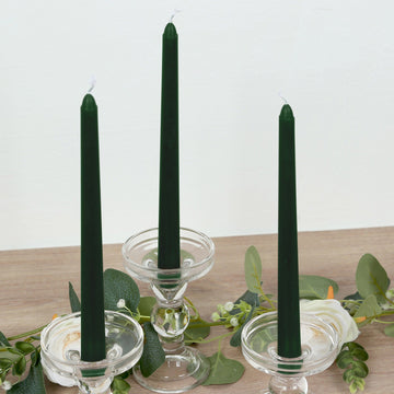 12-Pack Taper Candles Premium Wax Design Hunter Emerald Green - Unscented Candles for Upscale Settings 10"