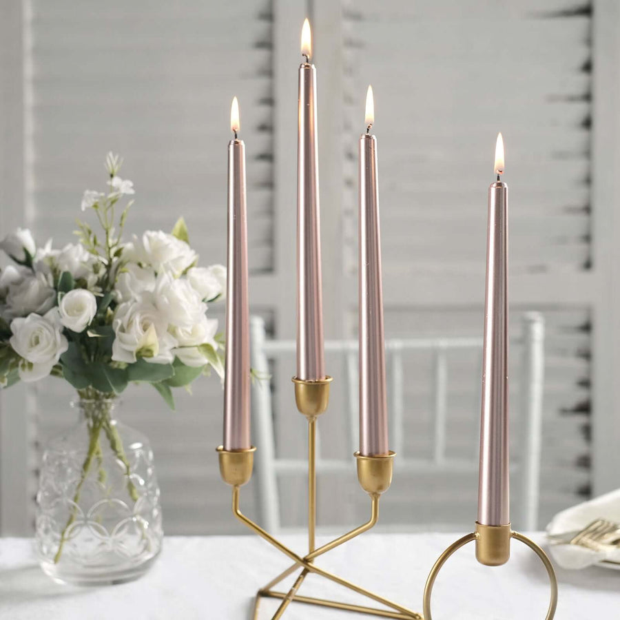 12 Pack | Metallic Rose Gold 10inches Premium Wax Taper Candles, Unscented Candles