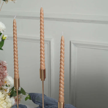 12-Pack Taper Candles Spiral Long Burn Wick Design Beige - Premium Unscented Wax Dinner Candle Sticks 11"